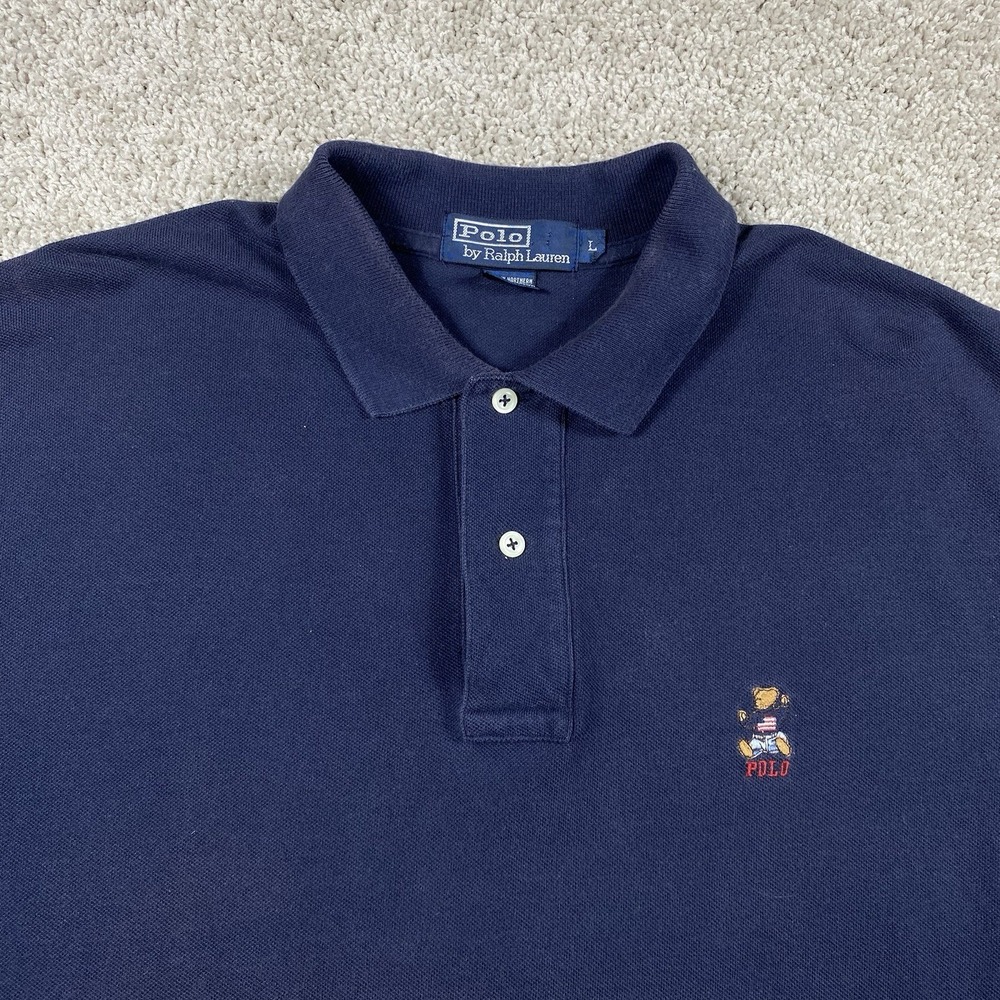 Polo Ralph Lauren Baby Bear Shirt Mens Large Knit‎ Blue Logo Collar Embroidered